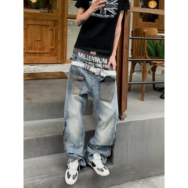 Street Fashion England - 남성용 패치워크 디자인 청바지 90년대 캐주얼