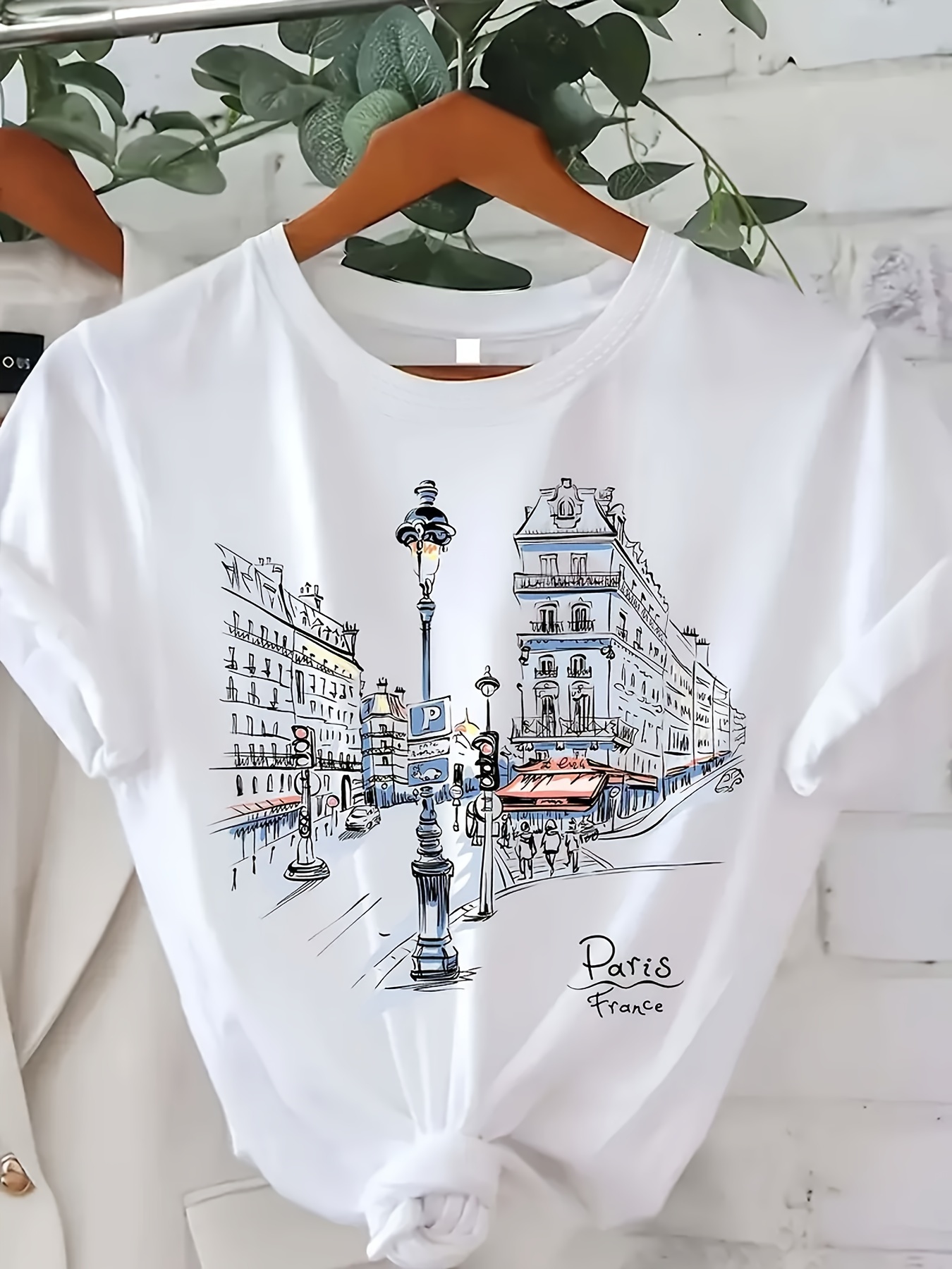 Street Fashion In Paris - 여성용 파리 스트리트 프린트 티셔츠 반소매