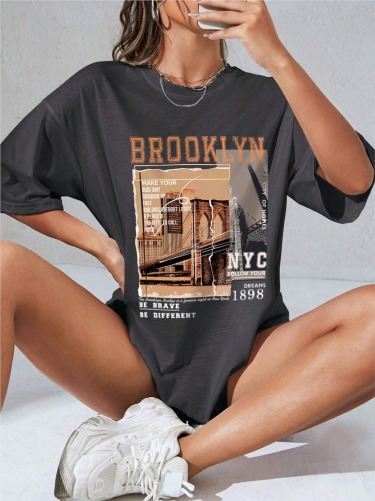 봄 여성 코튼 티셔츠 편지 브루클린 NYC 1898 그 - Street Fashion Nyc 리뷰 및 가격