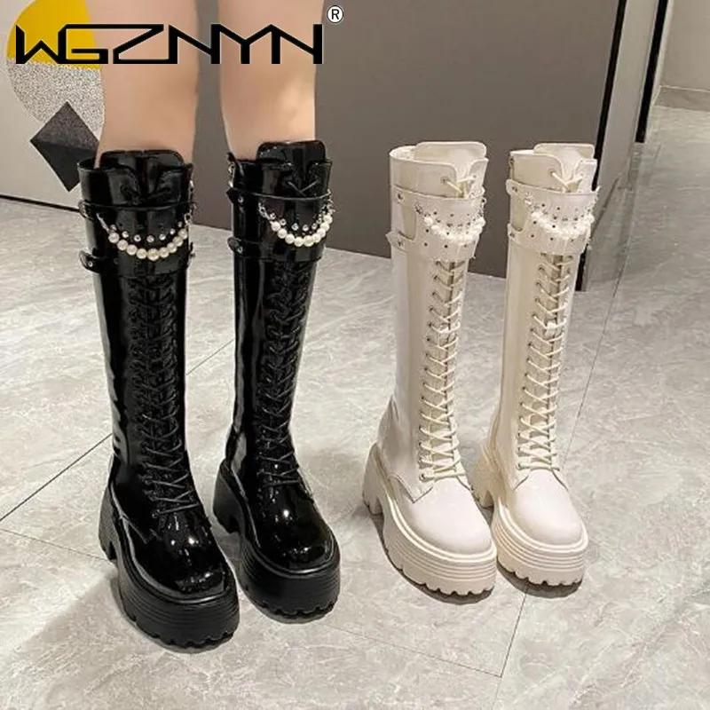 겨울 가죽 따뜻한 플러시 부츠 여성 진주 무릎 높은 부 - Chunky Sneaker Platform 리뷰 및 가격