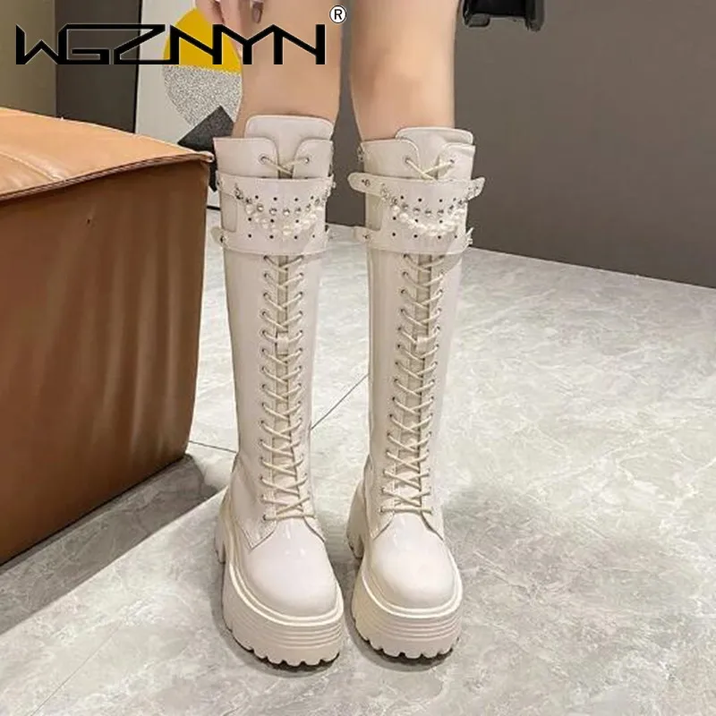 겨울 가죽 따뜻한 플러시 부츠 여성 진주 무릎 높은 부 - Chunky Sneaker Platform 리뷰 및 가격