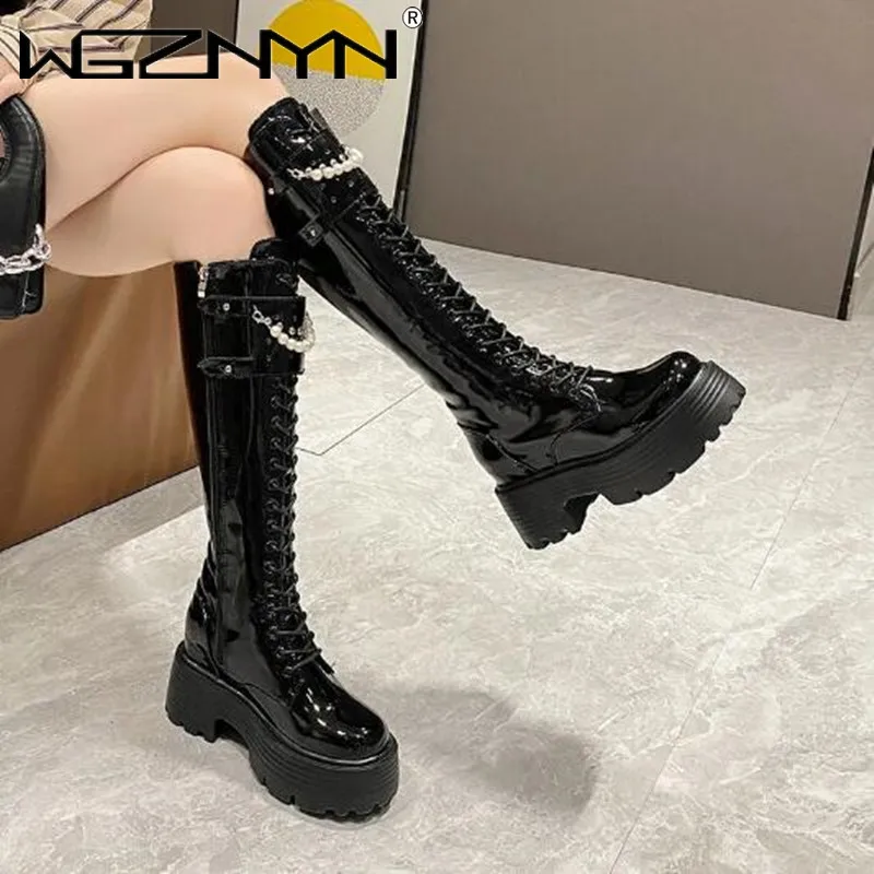 겨울 가죽 따뜻한 플러시 부츠 여성 진주 무릎 높은 부 - Chunky Sneaker Platform 리뷰 및 가격