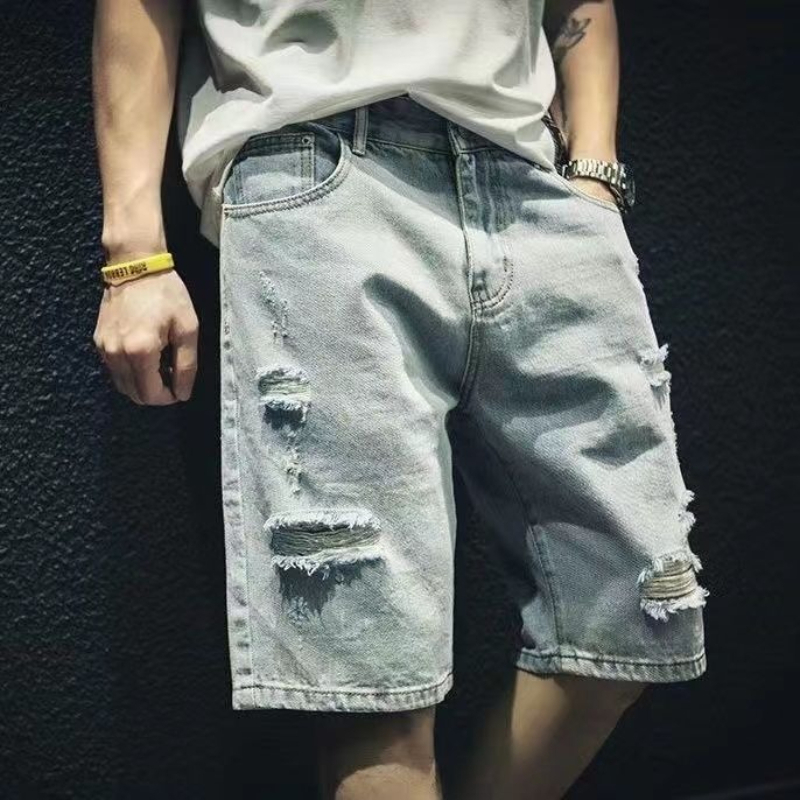 여름 남성 데님 반바지 레트로 찢어진 홍콩 패션 루즈한 - Street Fashion Hong Kong 리뷰 및 가격